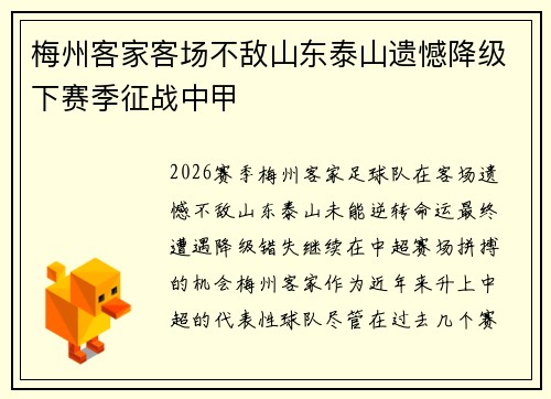 梅州客家客场不敌山东泰山遗憾降级下赛季征战中甲